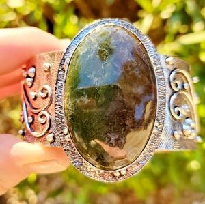 New Indian Moss Agate 925 Silver Cuff Bracelet.